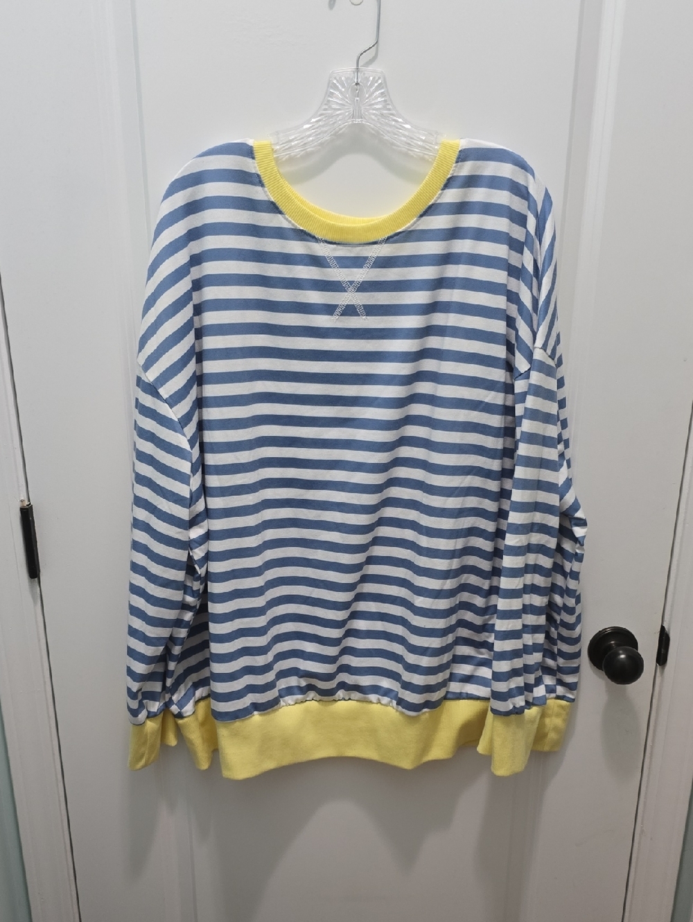 Blue & White Striped Sweatshirt with Yellow Trim